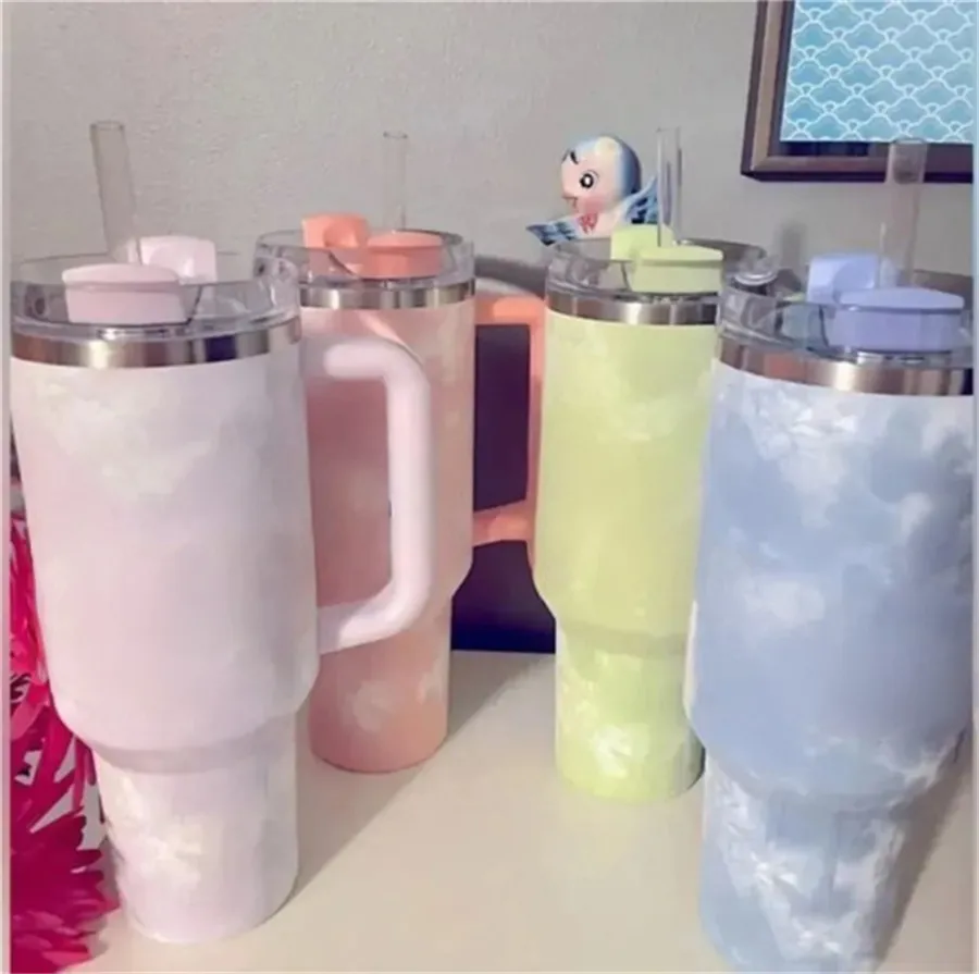 40oz Tumblers Quencher H2.0 Logo Pink Blue Tie Dye 40oz Mugs With Silicone Handle Insulated Tumblers Lid Straw Stainless Steel Coffee Termos Wisteria Cup by DHL Stock
