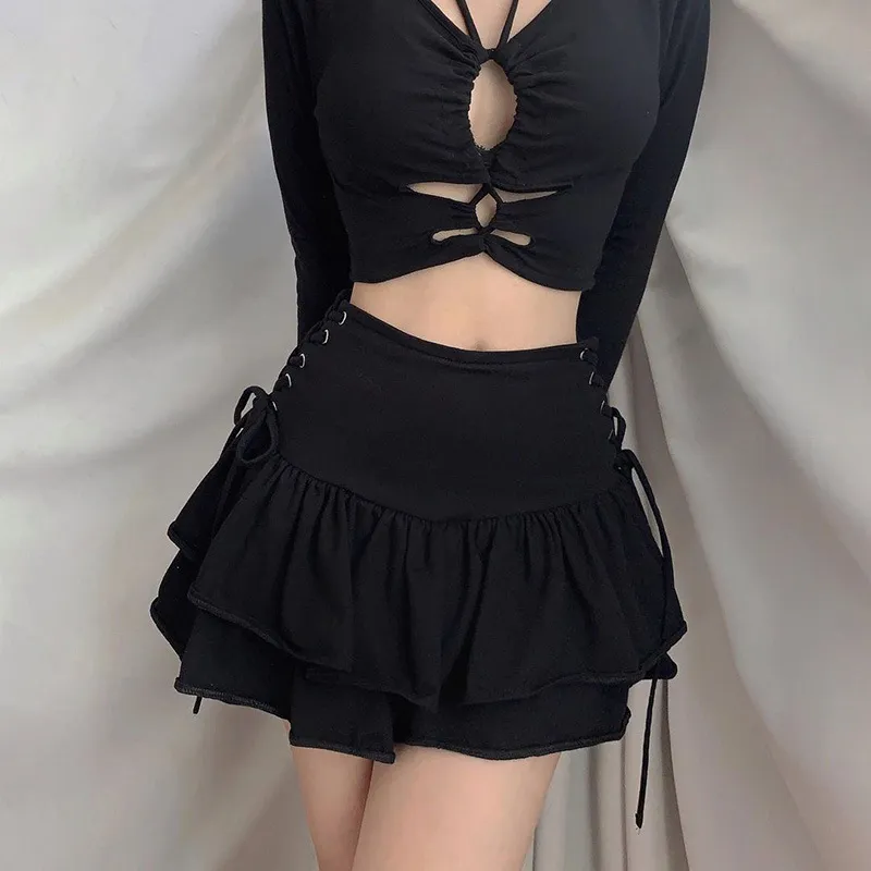 Rokken Gothic Street Sexy Bandage Ruffle Tiered Women High Taille Solid Criss Cross Tie Up Aline Mini geplooid 230403