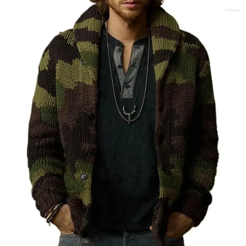 Giacche da uomo Uomo Autunno Inverno Camouflage Jacquard Maglione Cardigan Risvolto Slim Fit Cappotti in maglia per uomo