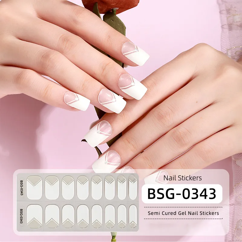 Semi Cured Gel Nail Strips Classic French (Crystal Frost) Sheer French Gel Nail Stickers with White Tips Glossy Nail Polish Wraps 16 Stickers