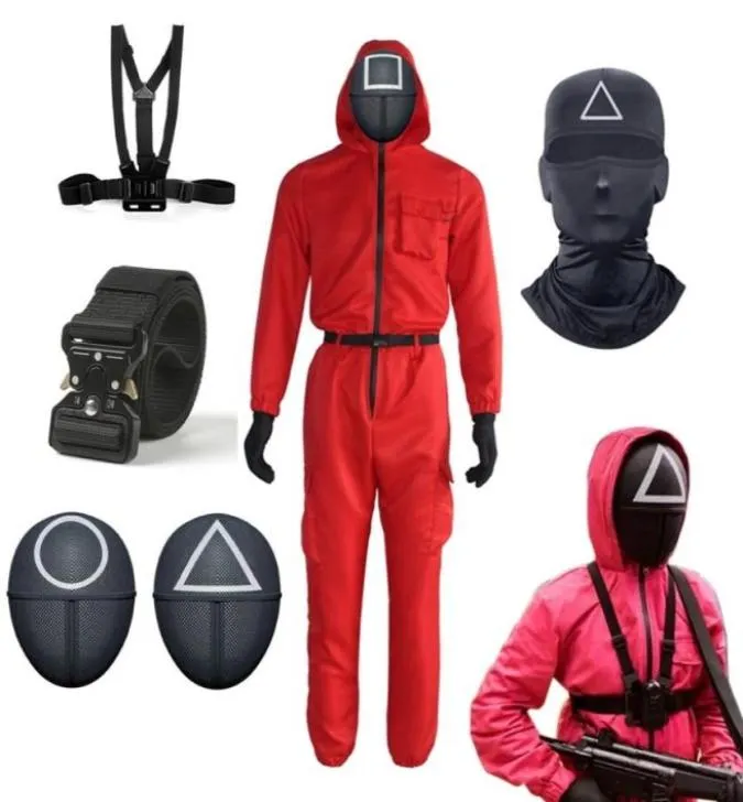 Inktvis Spel Rode Jumpsuit Schurk Cosplay Kostuums Ronde Zes Cirkel Driehoek Vierkant Masker Riem Riem Accessoires Halloween15912288950052