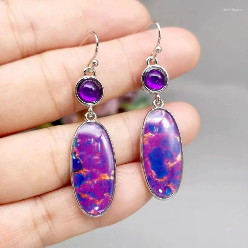 Boucles d'oreilles pendantes bohème ethnique violet ovale pierre goutte pour femmes Vintage Antique couleur argent métal longue boucle d'oreille fête bijoux cadeau