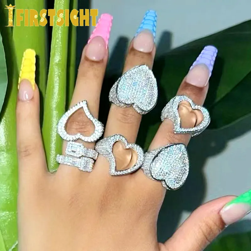 Cluster Ringe Voll Iced Out Bling Hohl Herz Ring Gold Silber Farbe 5A CZ Micro Pave Kubikzircon Ringe Hip Hop Punk Männer Frauen Schmuck 230403