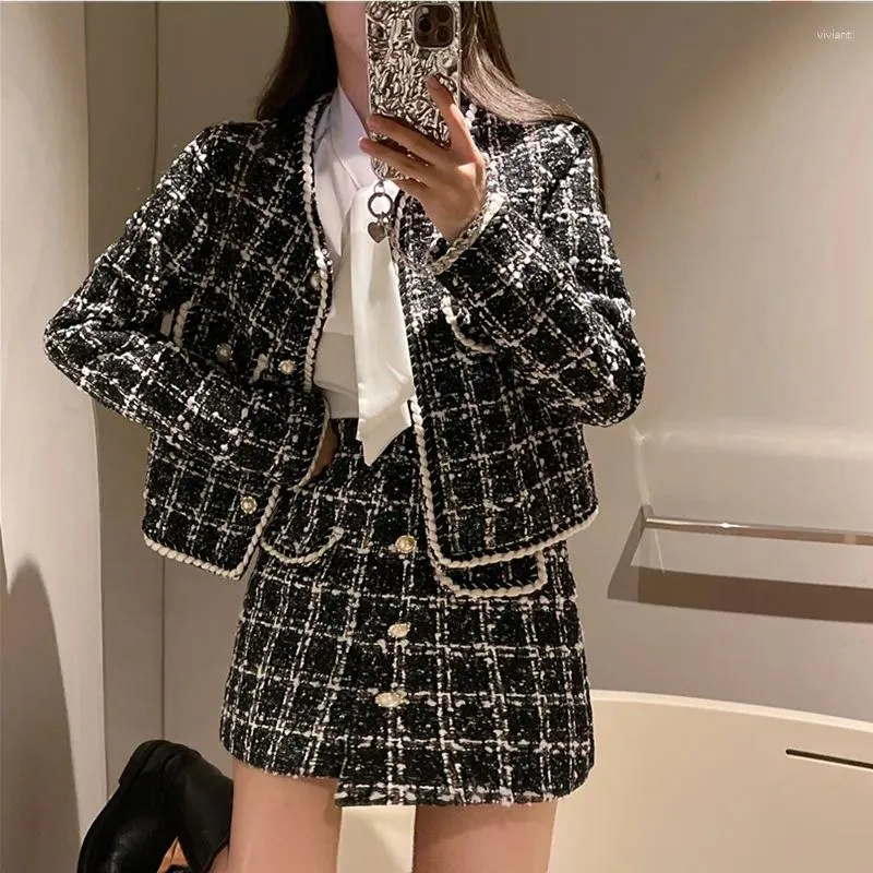 ジャケット・アウター tweed over jacket / mini skirt Womens Tweed Skirt Suit Set, Plaid Long Sleeve Jacket and A