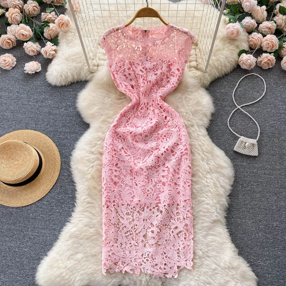 Celebrity Luxury Lace Dress Summer New Hollow out Hook Flower Style Slim Fit Wrap Hip Skirt