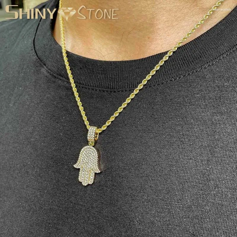 Catene Hamsa Mano di Fatima Collana con ciondolo Color oro ghiacciato Cubic Zirconia Catena con ciondoli Hip Hop Donna Uomo Gioielli