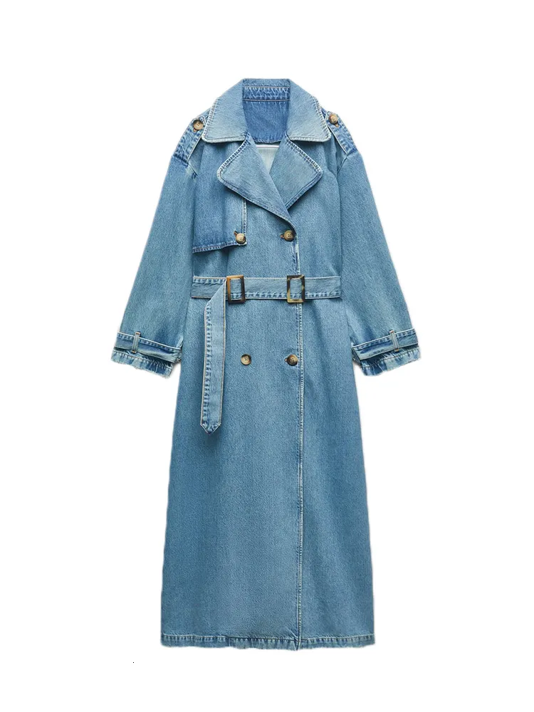 Women's Trench Coats Womens Spring Autumn Women Loose Long Denim Coat with Belt Streetwear Female Retro Lapel Double Breasted Overcoat