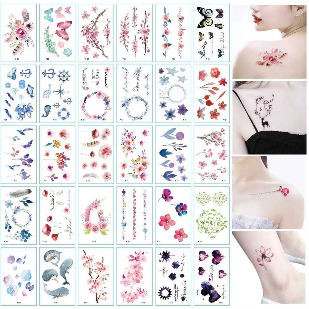 Tatuagens temporárias 30pcs/conjunto estilo fresco flores pequenas flores impermeabilizadas adesivo de tatuagem para adultos s mulheres transferência de água corporal tatoo falso z0403