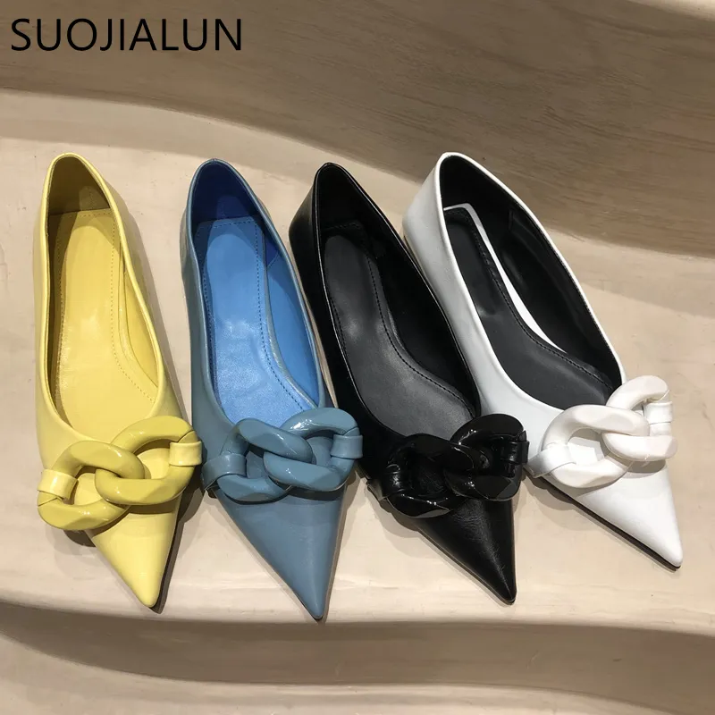 Suojialun Brand Design Design Chaine Shoes Women Women Flat Hel Ballet Ballet Pointed Slip на женской балерине повседневный лехтение