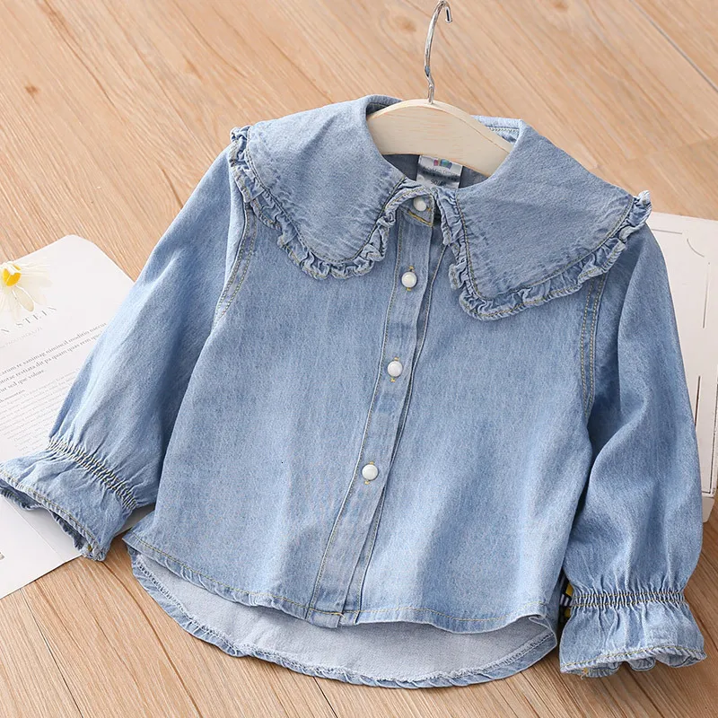 Kids Shirts Spring Autumn 2 3 4 5 6 8 10 Years Children Clothing Turn-Down Neck Long Sleeve Denim Blouse Shirt For Kids Baby Girls 230403