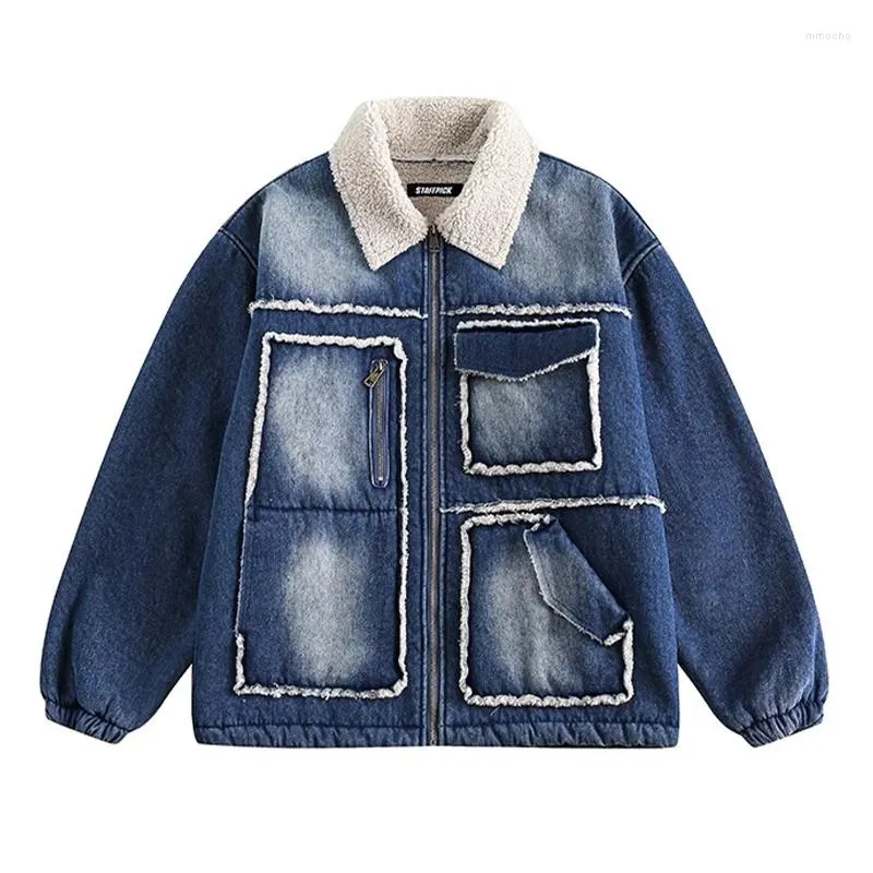 Jaquetas masculinas retro multi bolso denim lã de cordeiro jaqueta de algodão homens e mulheres inverno velo engrossar casaco quente parka