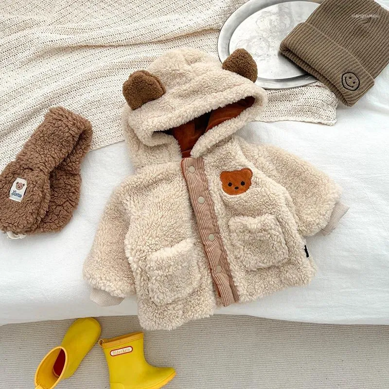 Jacken Herbst Winter Baby Jungen Jacke Baumwolle Plus Samt Tasche Mit Kapuze Säuglingsmantel Cartoon Dicke Haarige Kleinkind