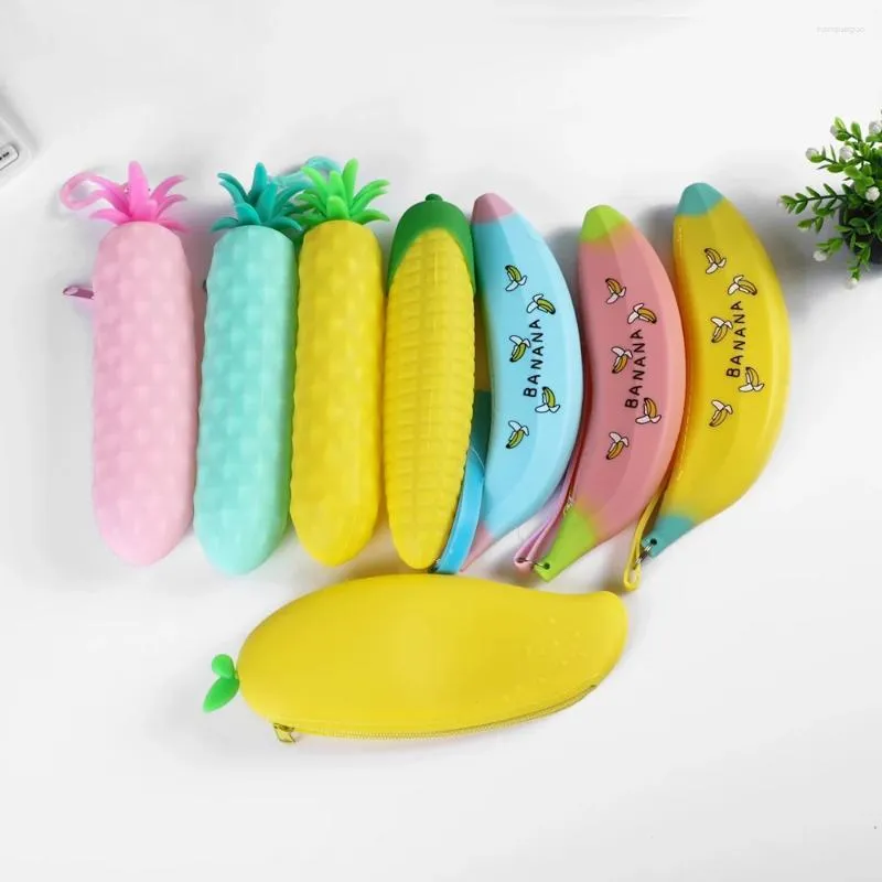 Étui à crayons en Silicone souple en forme de Fruit de dessin animé, étuis à crayons de poche, fournitures de papeterie scolaire pour étudiants, sacs de rangement