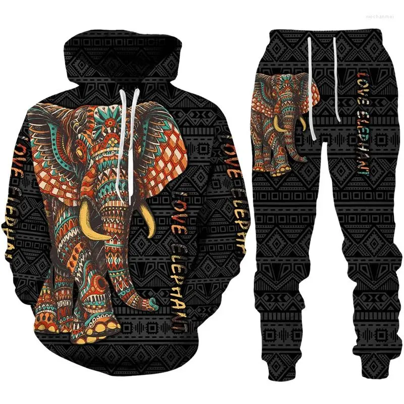 Herrspårar afrikansk dashiki -stil elefant 3d tryckt spårdräkt set casual hoodie byxor 2 st traditionella vintage streetwear pullover