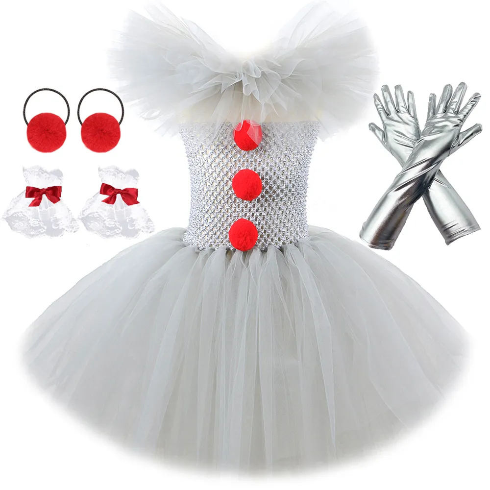 Cosplay Gray Clown Tutu Dress for Girls Carnival Halloween Costume for Kids Girl Joker Cosplay Tulle Outfit Children Party Scary Complements 230403