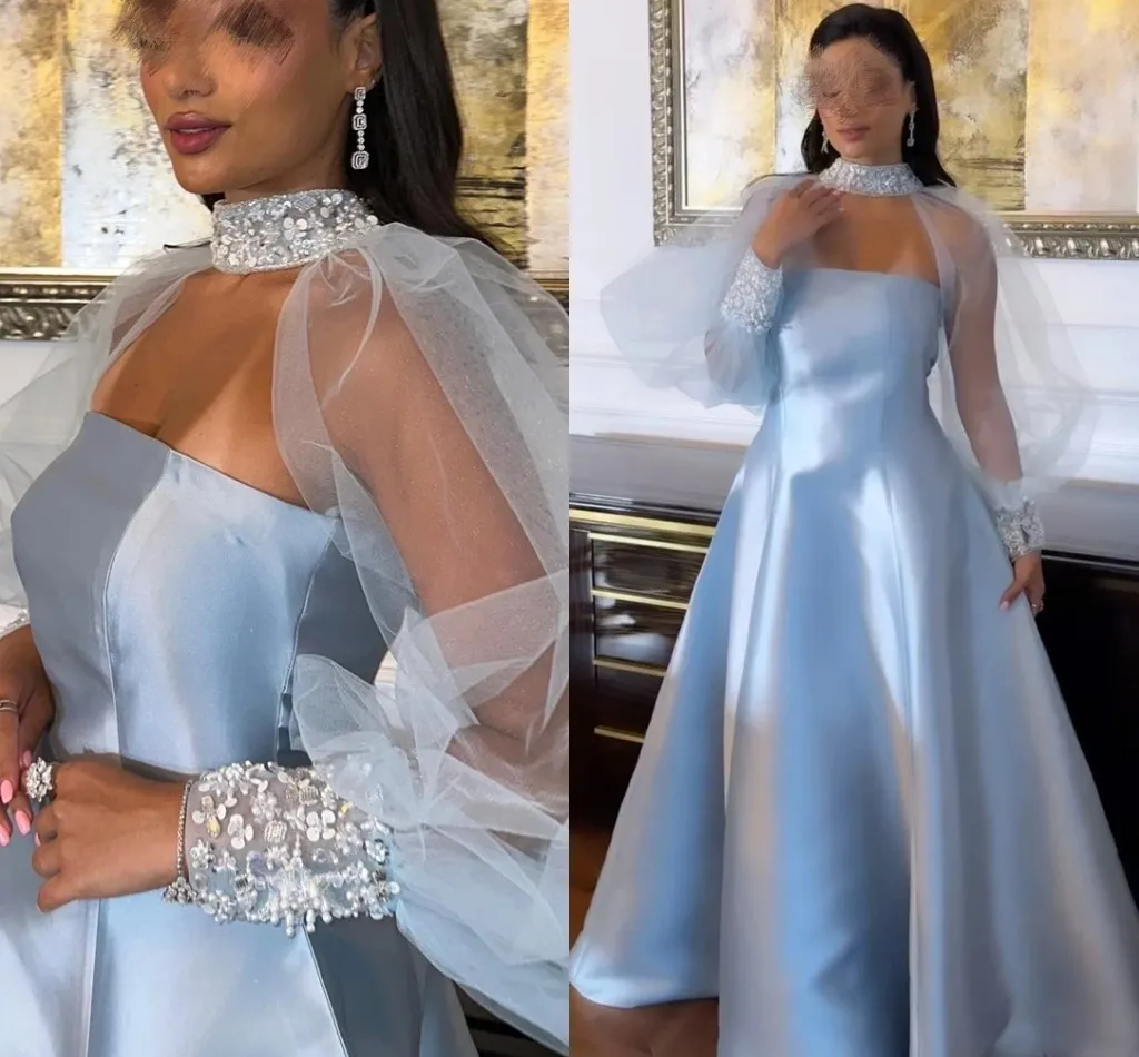Arabic Sequin Beaded 2-Piece dusty blue prom dress with Tulle Sleeves and High Collar - Perfect for Evening Formal Events and Birthdays