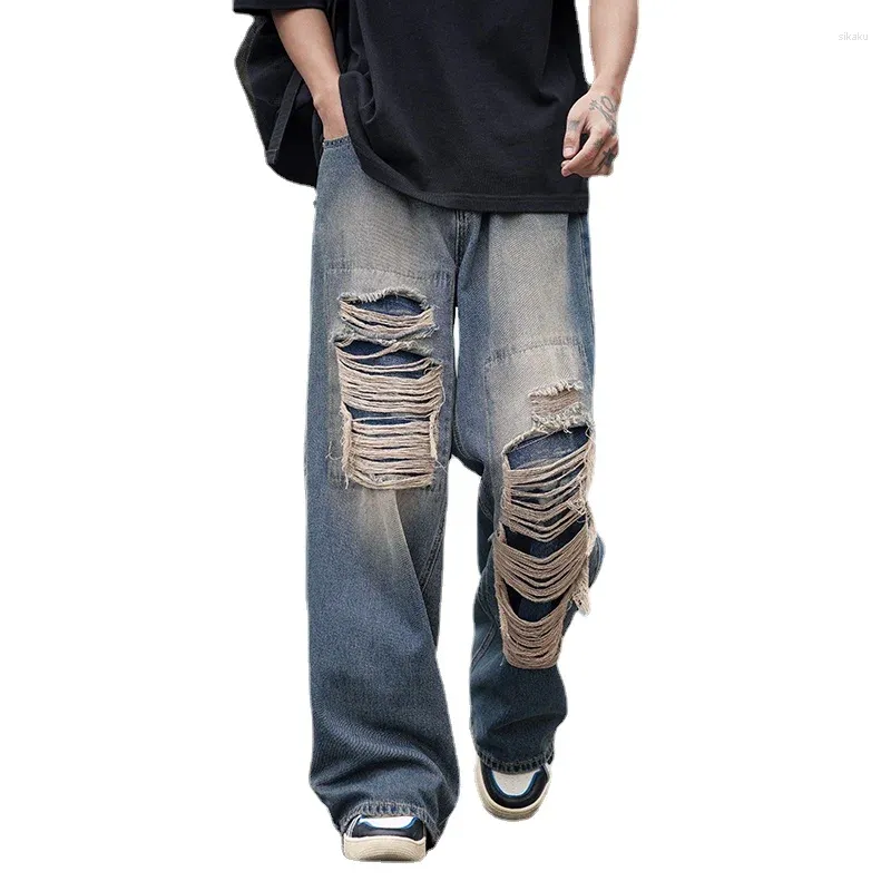 Jeans pour hommes rétro américain en lambeaux été lavé en détresse lâche jambe large droite vadrouille hip hop pantalons de rue