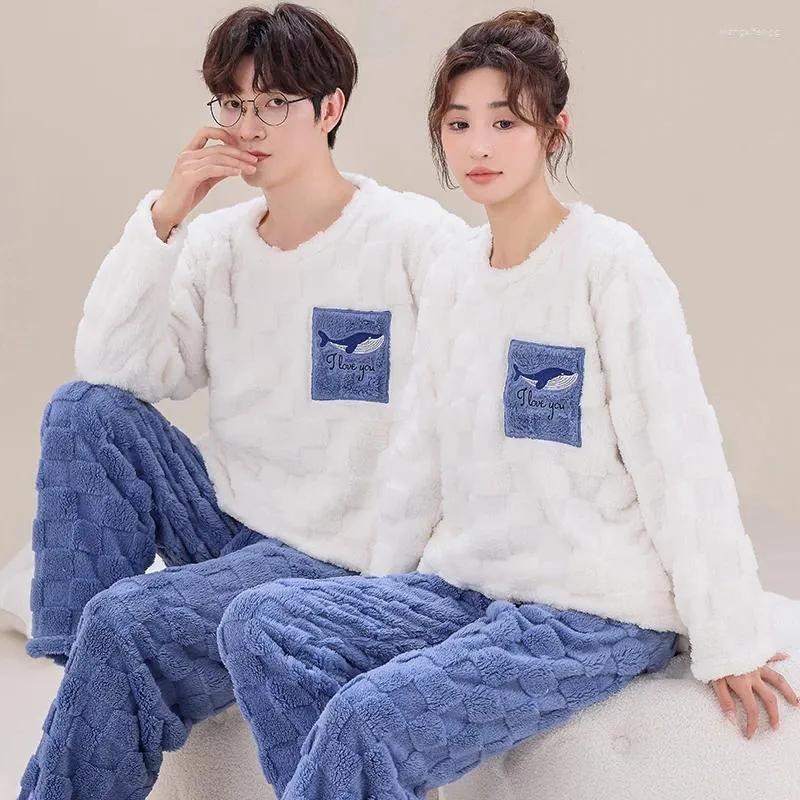 Mäns Sleepwear Couples Nightgown Thick Coral Fleece Tops Pants 2st Animal Cartoon Pyjamas Women Flanell Home Service Lovers Homewear