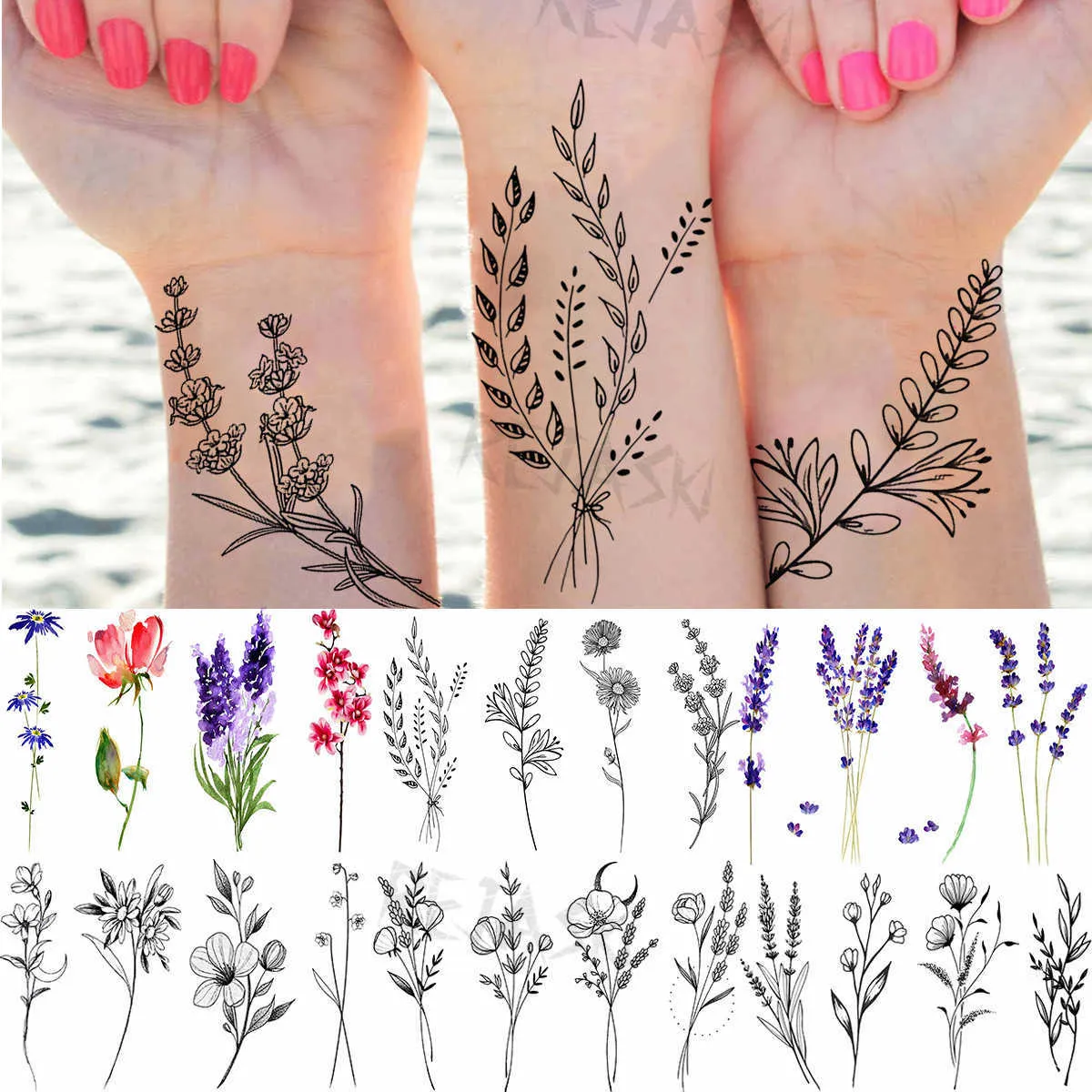 botanical tattoo of verbena and lavender flowers, by | Stable Diffusion