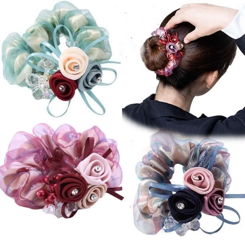 Fashion Flower Yarn Hair Rope Elegant Faux Crystals Rhinestone Bow Hairband For Women Girls Bun Ponytail Scrunchies Hair Jewelry