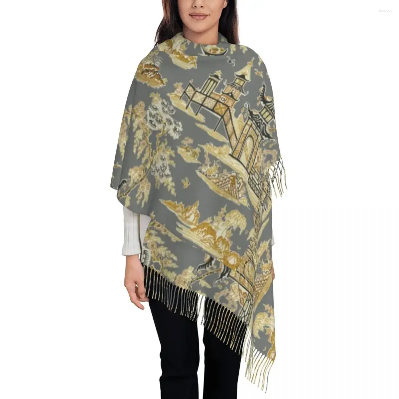 Шарфы, винтажный шарф с кисточками в виде пагоды, сада, чайного домика, женский мягкий серый и золотой шаль в стиле шинуазри, женская зимняя накидка
