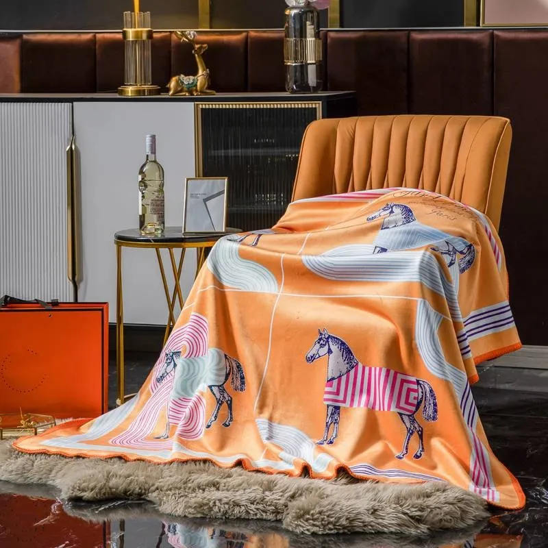 Designer Velvet Horse H Blanket Thickening Orange Sofa Christmas