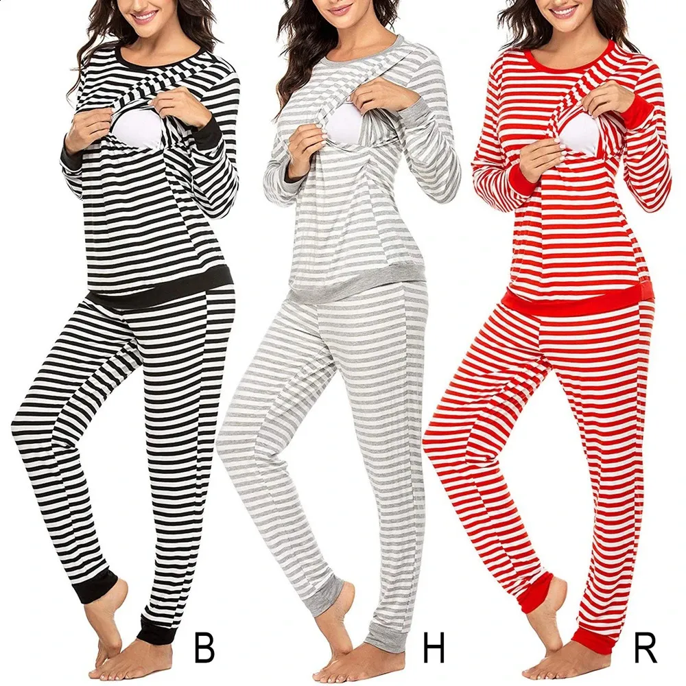 Radiation Suit Winter Women Maternity Nursing Pajama Set Striped Breastfeeding Sleepwear Double Layer Long Sleeve Top Bottom Pregnancy PJ 231102