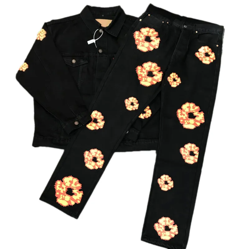 Męski projektant dżinsów z High Street Flower Dżins Black Proste dżinsy luźne spodnie układane jeansbiker trucker kurtka moda vintage skórzana łatka jesień