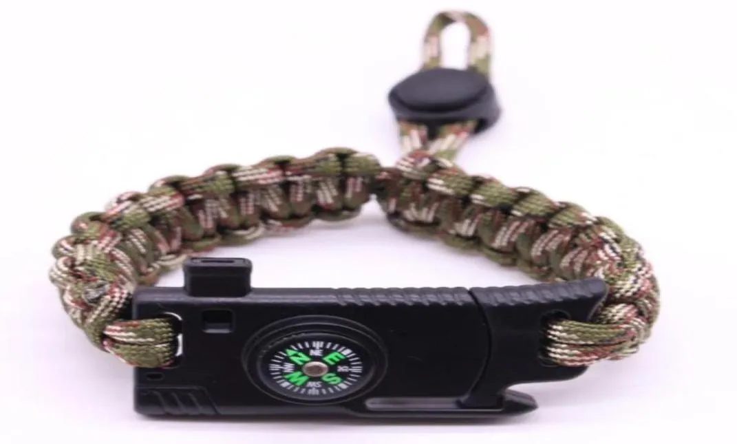 Paracord Survival 팔찌 조절 식 낙하산 코드 자체 구조 팔찌 5 in 1 야외 스포츠 캠프 손목 팔찌 나침반 W6079195