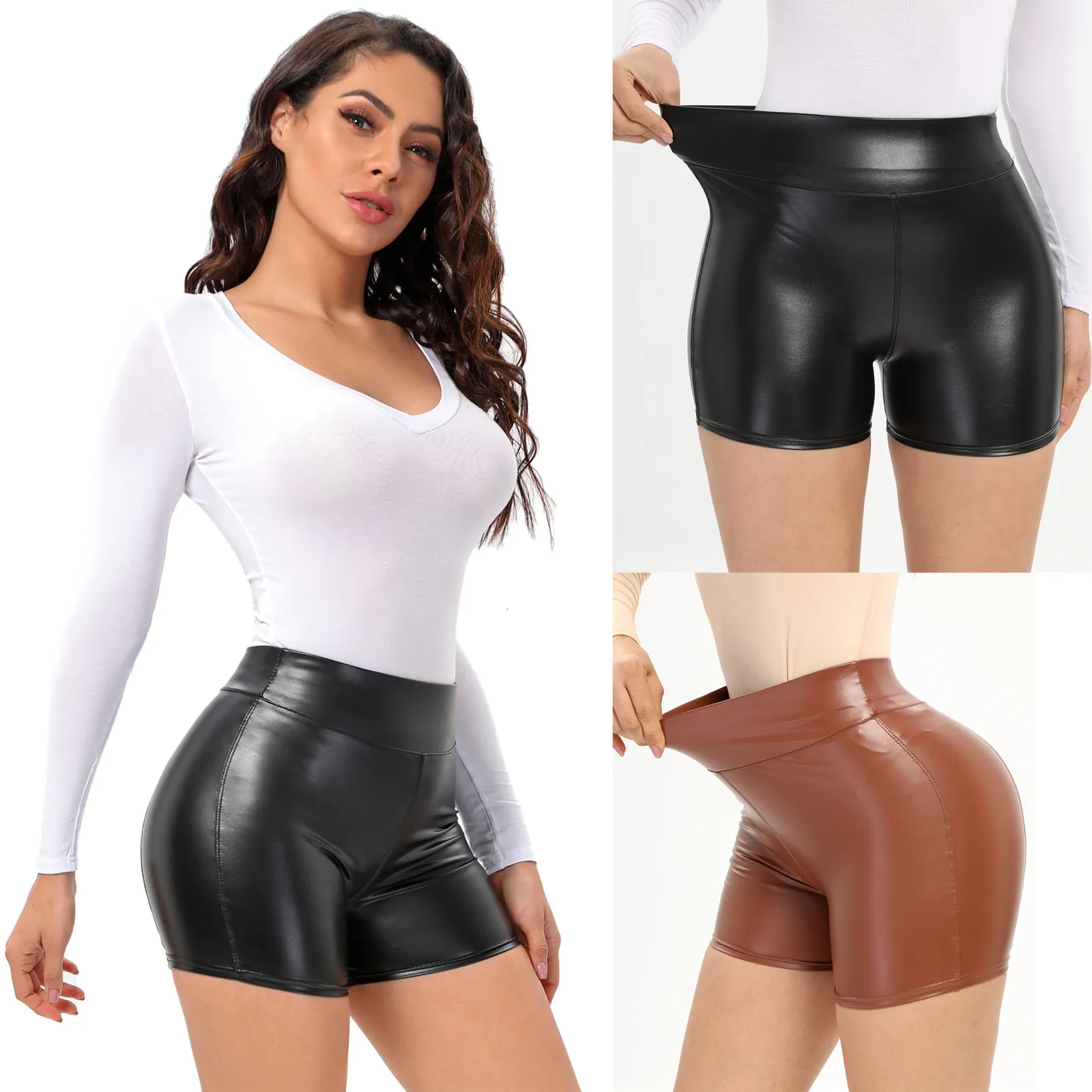 Dames shorts dames pu leer sexy magere elastische taille hoge taille shorts nachtclub 3xl 4xl 5xl 230331