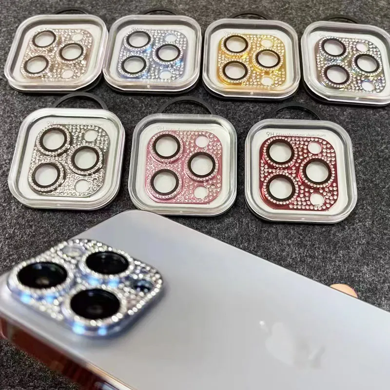 Glitter diamant telefonkamera härdat glasobjektivskydd för iPhone 14 13 12 mini 11 pro max titanlegering bling bling med butikslåda