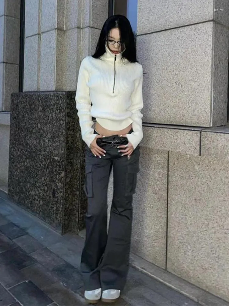 Swetry kobiet Deeptown HARAJUKU White Cropped Sweter Women Kpop Kpop Half Zipper Dzianin Jumper Vintage Turtleck Y2K TOP KOREAN