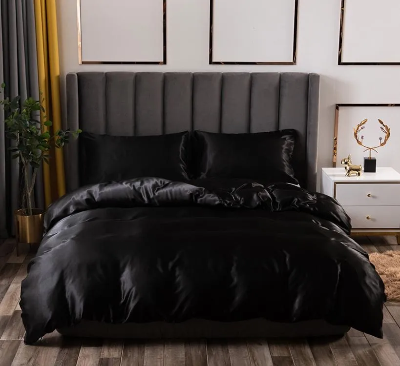Luxury Bedding Set King Size Black Satin Silk Comforter Bed Home Textile Queen Size Duvet Cover CY2005191865451