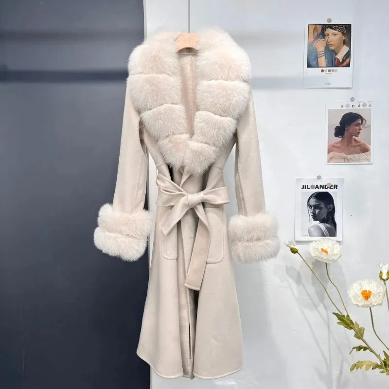 Women's Wool Blends 2023 Long Blended Winter Jacket Women Real Fur Coat Natural Collar Cuffs Female Warm Thick Outerwear Streetwear 231102