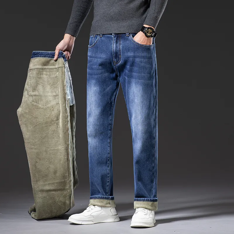 Herenjeans grote winter flanel stretch jeans herenmerk wollen broek heren rechte knop dikke broek heren 230403