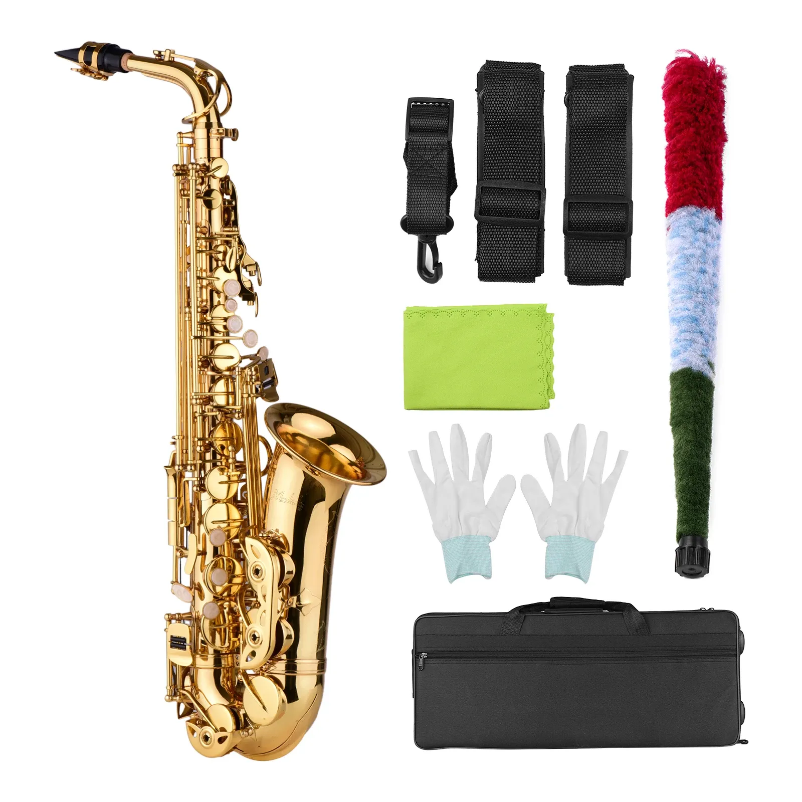 Saxophone Alto Mib en laiton laqué or, Instrument à vent plat avec sac de transport, gants, sangles, brosse d'accessoires de saxophone