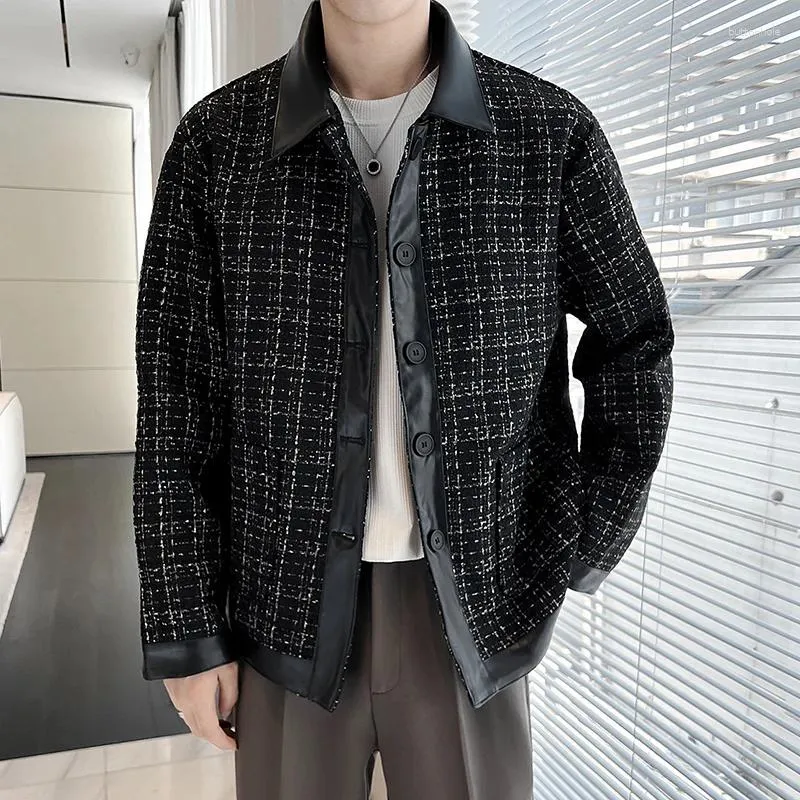 Men's Jackets Autumn Winter Woolen Jacket Coat Black White Plaid PU Leather Spliced Turn-down Collar Single Breasted Casual Outerwear