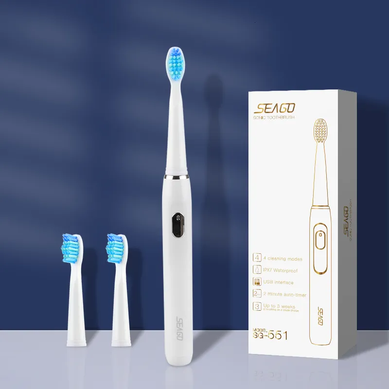 Escova de dentes seago de dentes elétricos de dentes elétricos recarregáveis ​​4 modos com 3 cabeças de escova substituível 2 min Timer inteligente portátil para presente de viagem 230403