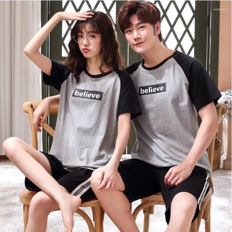 Casal de sono feminino, casal de pijamas que combinam com masculino e mulher de verão de retalhos de retalhos esportivos casuais roupas de lazer de roupas de casa