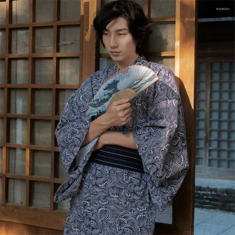 Etnische kleding Japanse kimono -stijl mode -patroon bloemen yukata mannen met riem haori hoogwaardige casual vrije tijd traditionele kleding