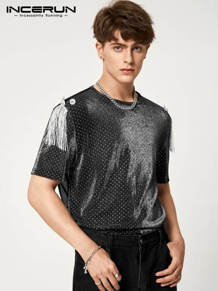 Herr t-shirts herrar o-hals kort ärm mesh polka dot tryck utseende genom tofsar casual camisetta stil sexig tee topp incerun 5xl 230403