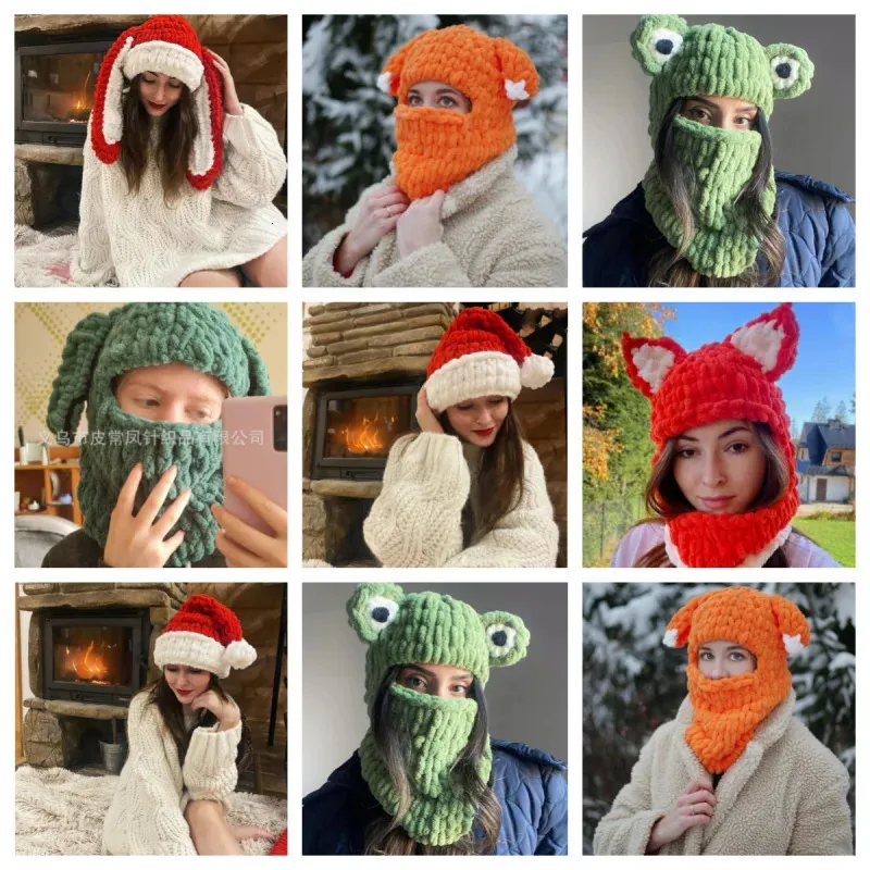 Beanie/Skull Caps Knitted Christmas Hat Cute Adult Year Party Gift Decoration Women Winter Warm Balaclava Frog Cap 231102