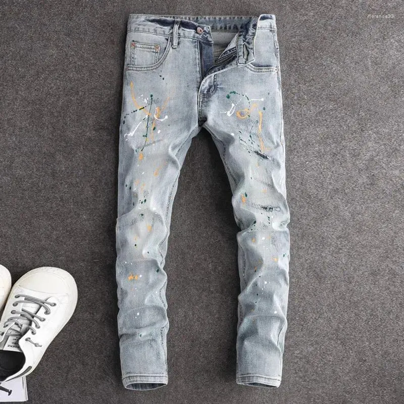 Men's Jeans High Street Fashion Men Retro Light Blue Stretch Slim Fit Ripped Painted Designer Hip Hop Denim Pants Hombre