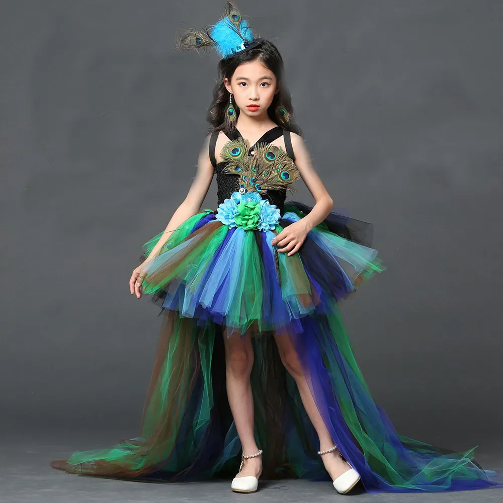 Flickans klänningar Peacock Flower Party Tutu Dresses Children Party Evening Dress Pageant Prom Ball Gown Kids Peacock Feather Halloween Dresses 230403