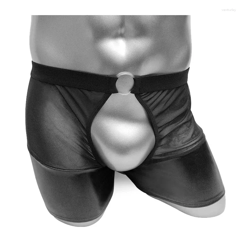 Sous-vêtements Open Bu Mens Faux Cuir Boxers Shorts Sous-vêtements Lingerie Érotique Crotchless Sissy Culotte Mesh Male Clubwear