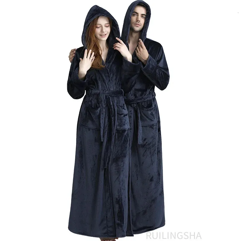 Robes masculinos homens inverno longo plus size com capuz quente flanela roupão tornozelo comprimento coral velo banho robe vestidos sleepwear 231102