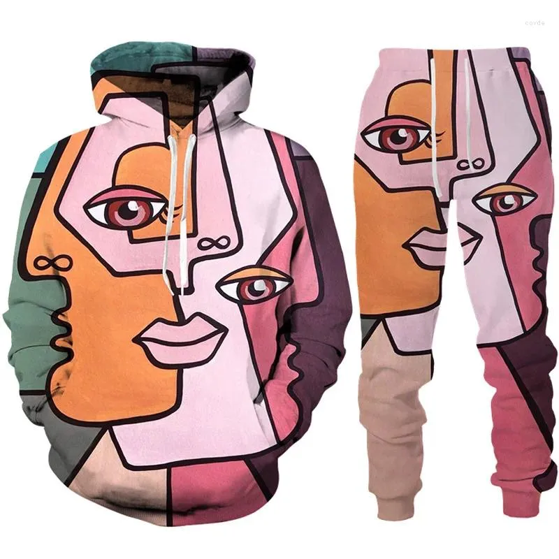 Fatos masculinos rosto abstrato 3d impressão hoodie/conjunto moda feminina pulôver sweatshirts jogger calças terno casual casal 2 pcs treino