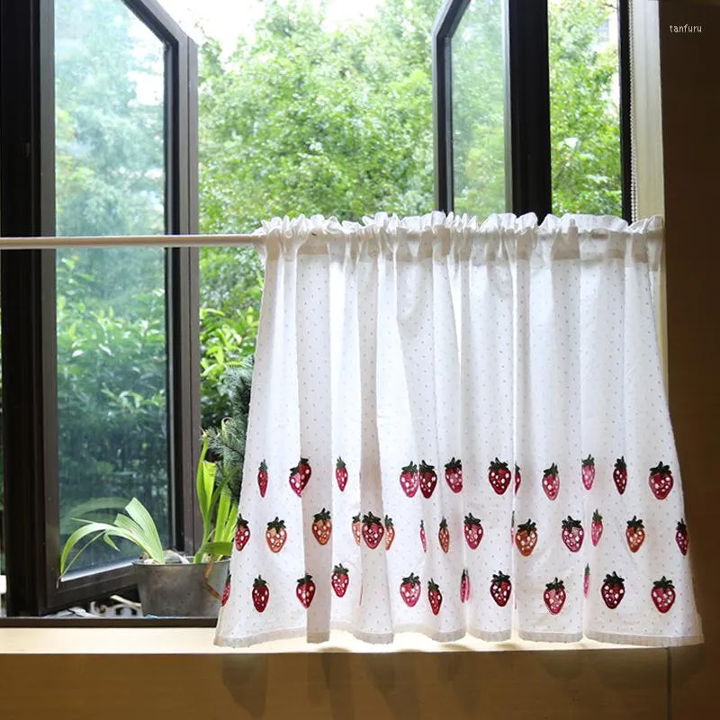 Curtain Strawberry Embroidery Half Curtains Short For Living Room Bedroom Window White Kitchen Valance Cafe Door Drapes Decor