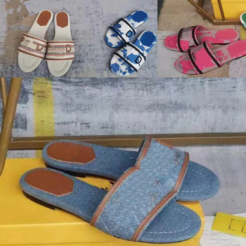 Mulher chinelo sandália apartamentos denim logotipo slide sandálias plana resort sandália sola de borracha ao ar livre sapatos casuais praia deslizamento em flip flop com caixa 35-43eu