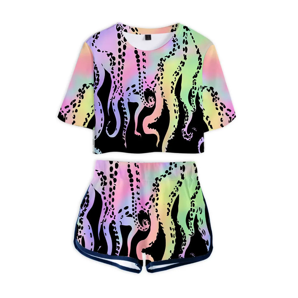 Kvinnors tvådelar Pants Ocean Multi Tentacled Fish Series Navel Short Sleeved T Shirt Shorts Suit Summer Morning Training Clothes 230403